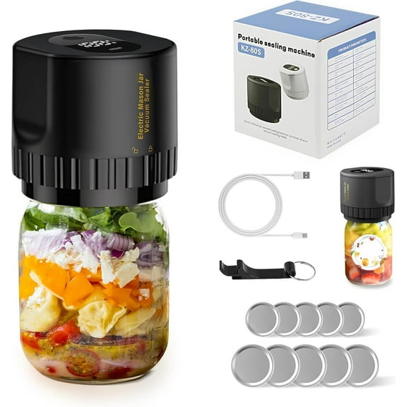 Mason Jar Vacuum Sealer, 80kPa Electric Mason Jar Vacuum Sealer Kit Auto Stop White Jar Sealer Vacuum Sealing Machine for Food Vacuum Storage with Wide and Regular Mouth Lids Can Opener Stickers