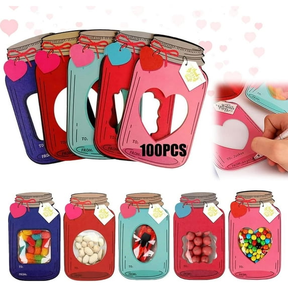 Mason Jar Valentines Day Cards, 50/100 Pack Valentines Mason Jar Greeting Cards, Funny Valentine Exchange Cards Gifts for School Exchange Party Favors, Happy Valentines Day Card for Kids Classroom