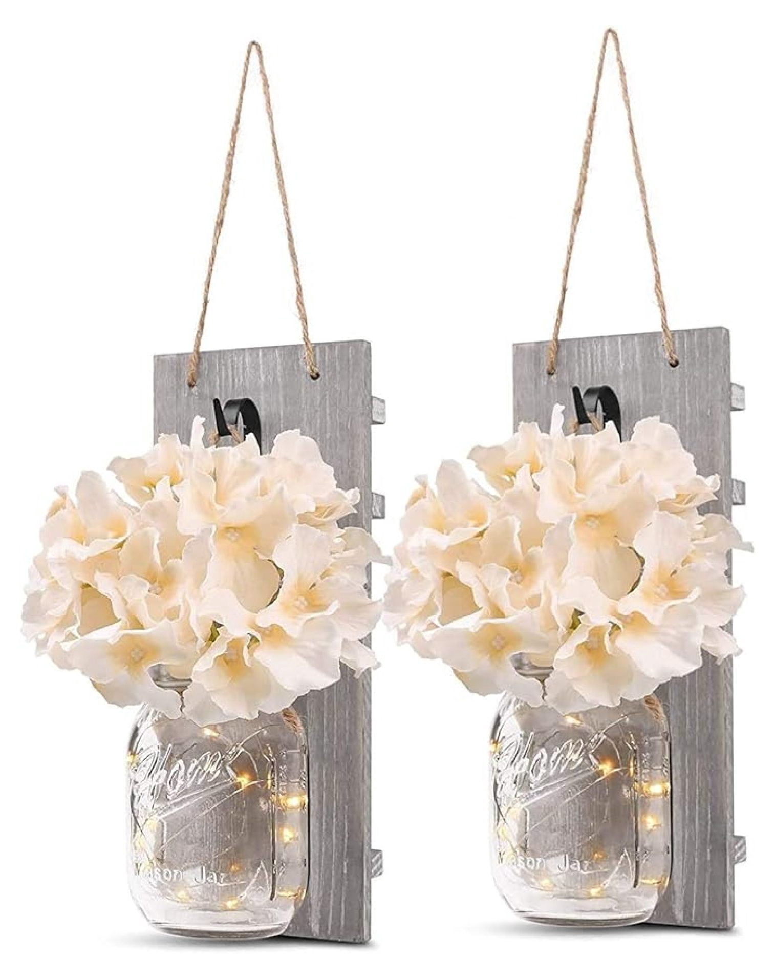 Mason Jar Wall Sconces Set of 2 - Rustic Farmhouse Decor with LED Lights & Timer - Grey Wood & Silk Flowers - Vintage Home Decor for Living Room, Kitchen, Bathroom