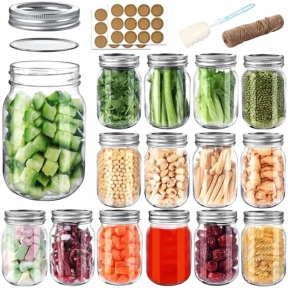 Mason Jars 16 oz with Airtight Lids and Bands, 15 Pack Regular Mouth Canning Jars, Clear Glass Pint Jars for Canning, Pickling, Food Storage, DIY Projects, 24 Labels, Brush & String Included
