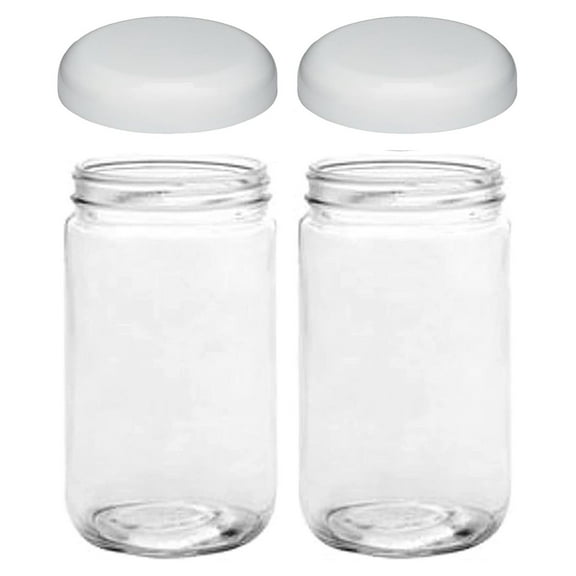 Mason Jars - 32 Oz Extra Wide Mouth Glass Jars with Lids - Quart Containers - Made in USA (2 White Dome Plastic Lids)