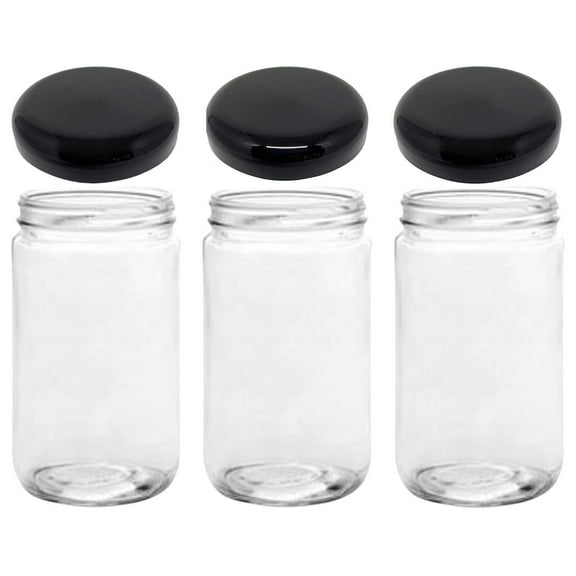 Mason Jars 32 oz Jars with Extra Wide Mouth Lids - Set of 3 Glass Storage Jars With Lids, BPA and Food Safe, Yogurt Jars With Lids, (3 Black Dome Plastic Lids)