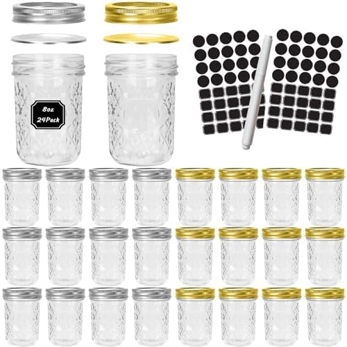 Mason Jars 8 oz, 24 Pack Canning Jars with Mixed Color Airtight Lids, Half Pint Canning Jar Ideal for Fermenting, Jam, Honey, Pickling, Wedding/Shower Favors, DIY Decors
