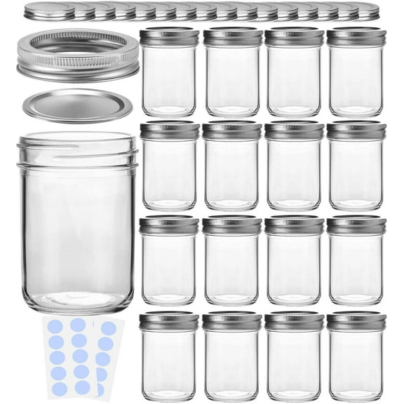 Mason Jars, 8 oz Glass Jars With Regular Lids and Bands, Ideal for Jam, Honey, Wedding Favors, Shower Favors,DIY Spice Jars, 16 Pack, Extra 16 Lids & 20 Whiteboard Labels