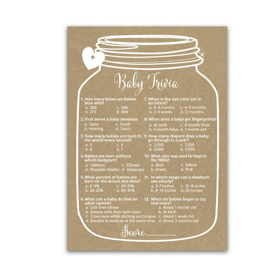 Mason Jars Kraft Brown Baby Shower Game  Rustic Mason Jar BABY TRIVIA Baby Shower Game  25 Guests  Fun Baby Facts Game, Mason Jar Gender Reveal party, Gender Neutral Baby Shower Game G200-TRV