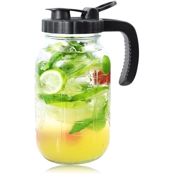 Mason Jars Pitcher 1 Quart Glass Breastmilk Pitcher With Pour Lid For Fridge 32 Oz Wide Mouth Water Jugs With Top Flip Cap & Pour Spout For Cold Brew Coffee,Sun Tea,Juice Airtight Storage & Leakproof