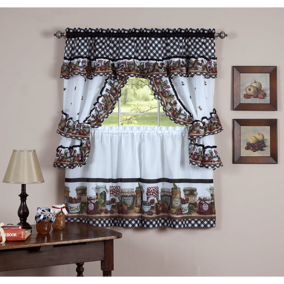 Mason-Jars Window Kitchen Curtains 5-Piece Printed Cottage Set - 57" (W) x 36" (L), Black & White