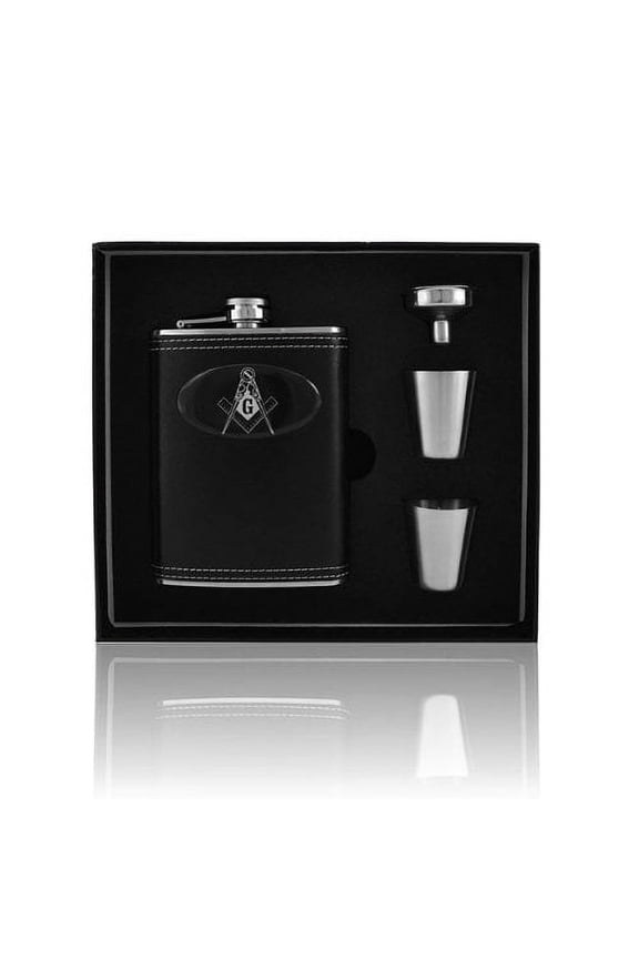 Mason Masonic Leather Wrap 8oz Stainless Steel Flask, Funnel and Shot Glass