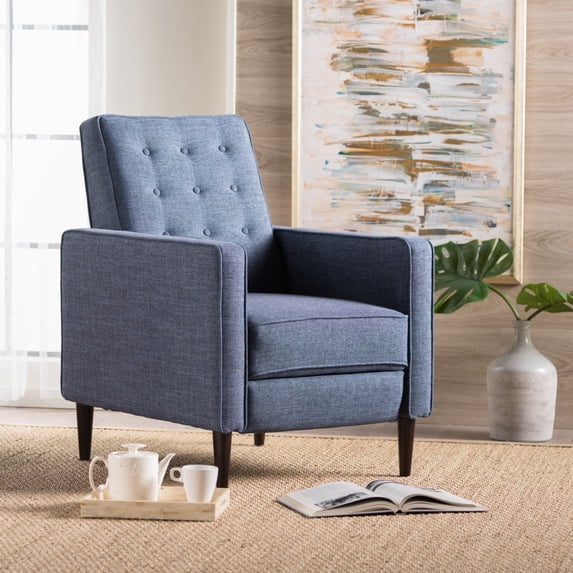 Mason Mid Century Modern Button Tufted Recliner, Light Gray Tweed Fabric and Dark Espresso