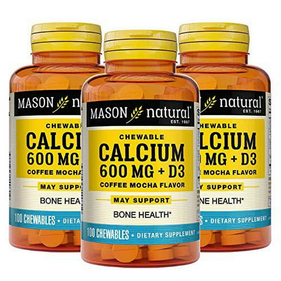 Mason Natural Calcium 600 mg with Vitamin D3 - Supports Healthy Bones, Strengthens Muscle Function, Coffee Mocha Flavor, 100 Chewables (Pack of 3)