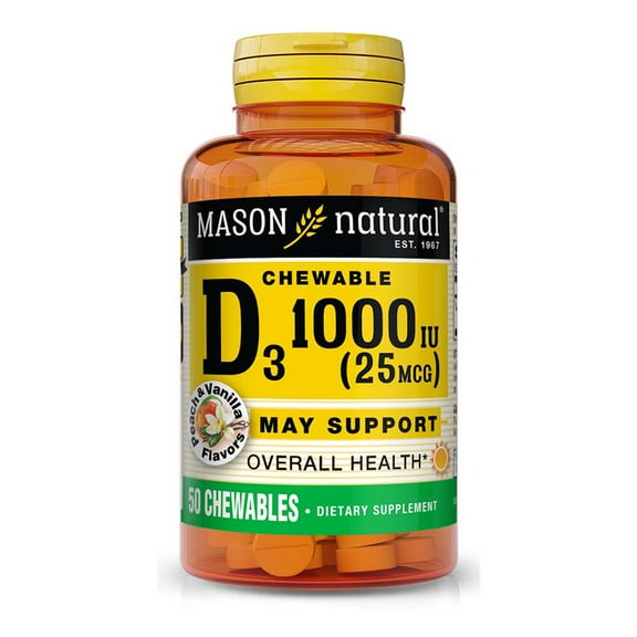 Mason Natural Vitamin D3 25 mcg (1000 IU) - Supports Overall Health, Strengthens Bones and Muscles, Peach Vanilla Flavor, 50 Chewables