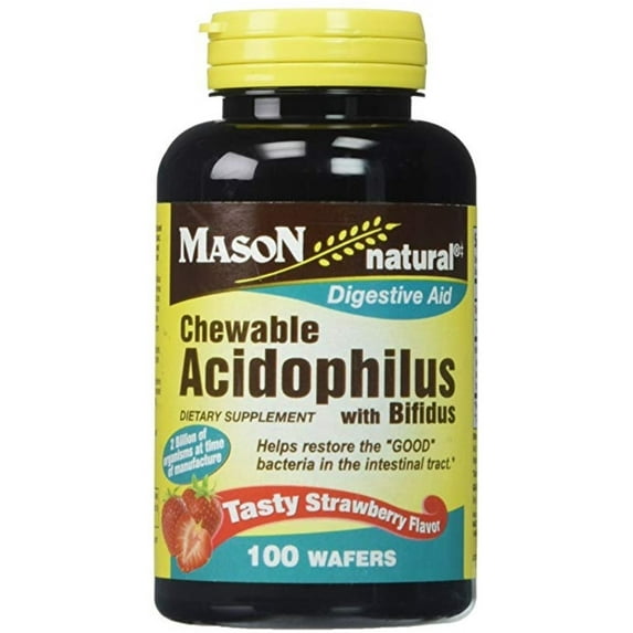 Mason Natural Digestive Aid Supplement w/ Bifidus Strawberry, 100ct, 6-Pack