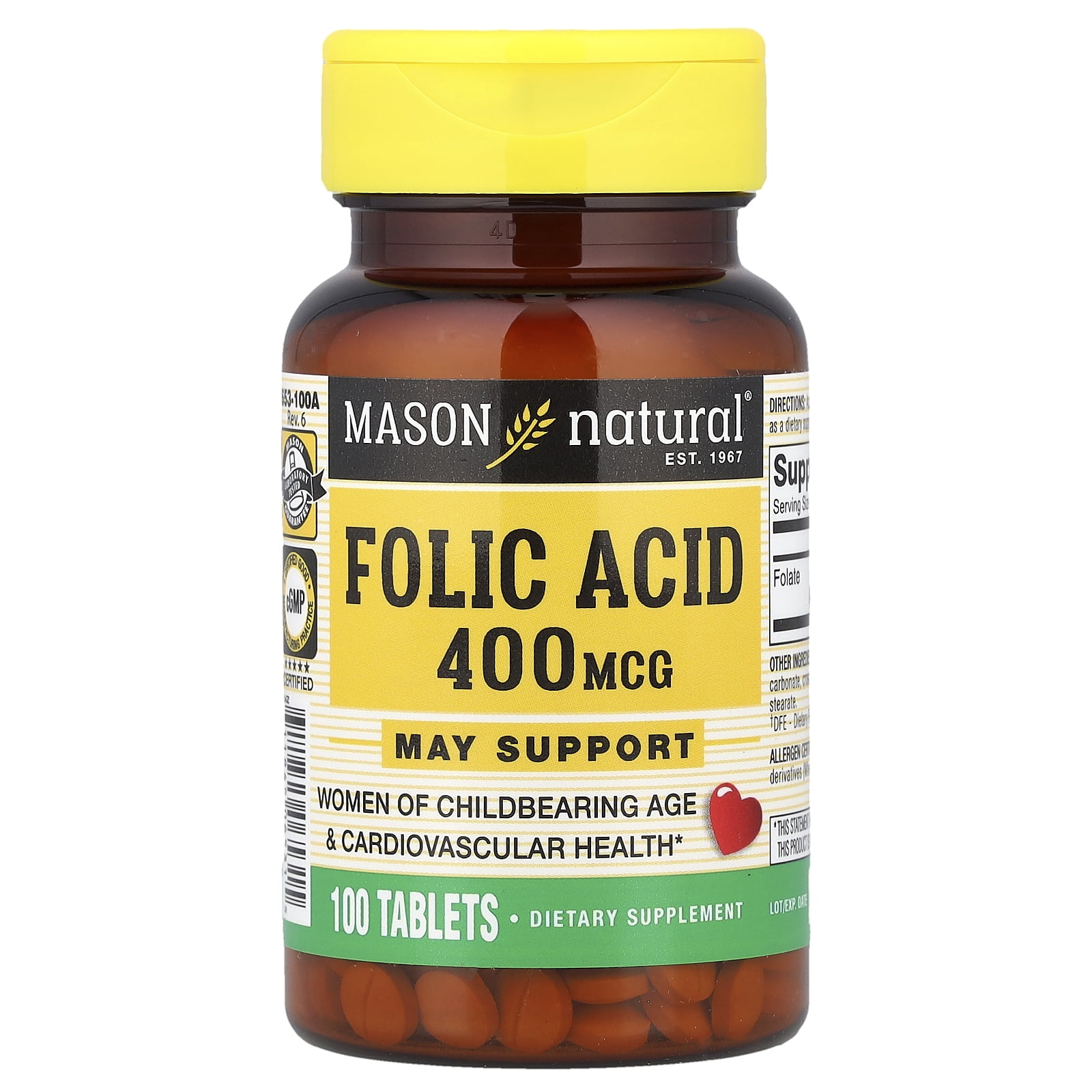 Mason Natural Folic Acid 400 mcg, 100 Tablets