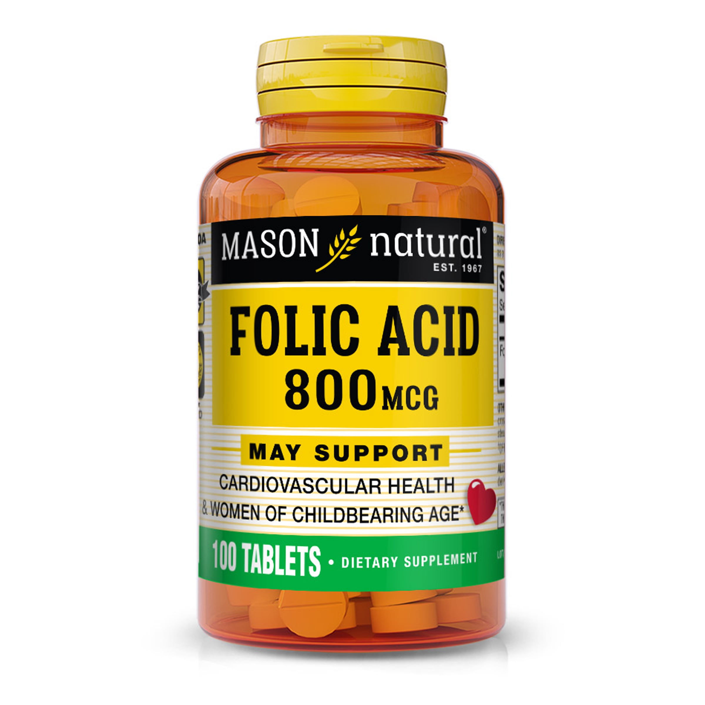 Mason Natural Folic Acid 800 mcg - Helps Nervous System Function, Daily Supplement for Health, Mood and Prenatal Care, For Women of Childbearing Age,100 Tablets