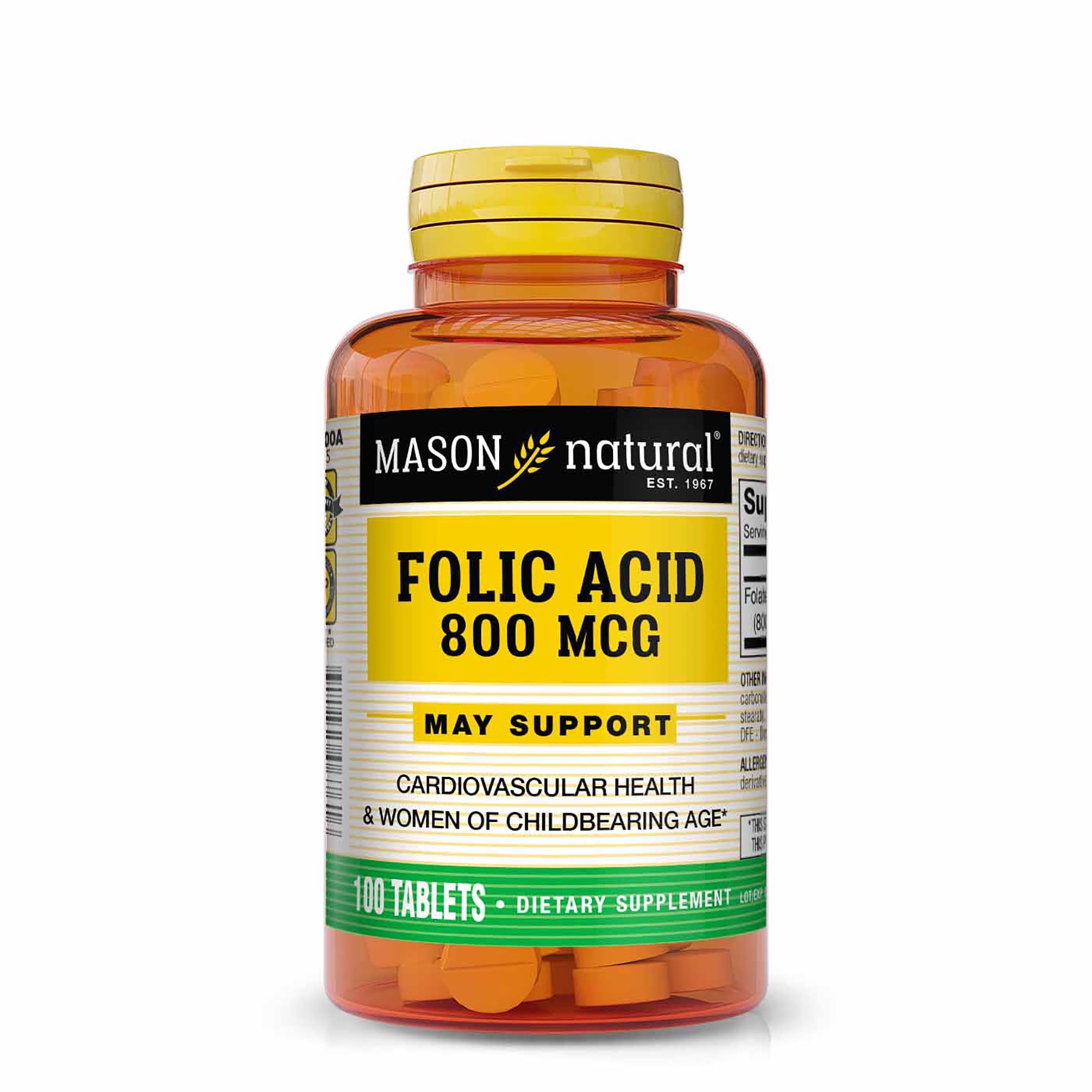 Mason Natural Folic Acid 800 mcg - Helps Nervous System Function, Daily Supplement for Health, Mood and Prenatal Care, For Women of Childbearing Age,100 Tablets
