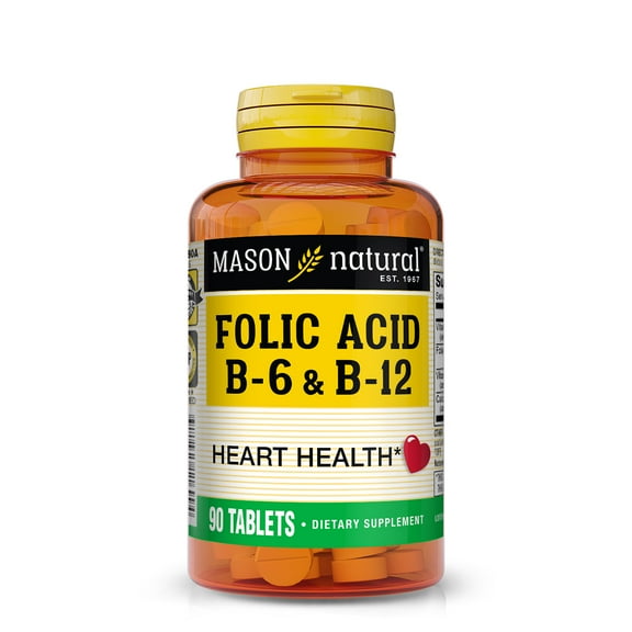 Mason Natural Folic Acid Supplement with Vitamin B6 & B12, Supports a Healthy Heart Function, 90 Tablets