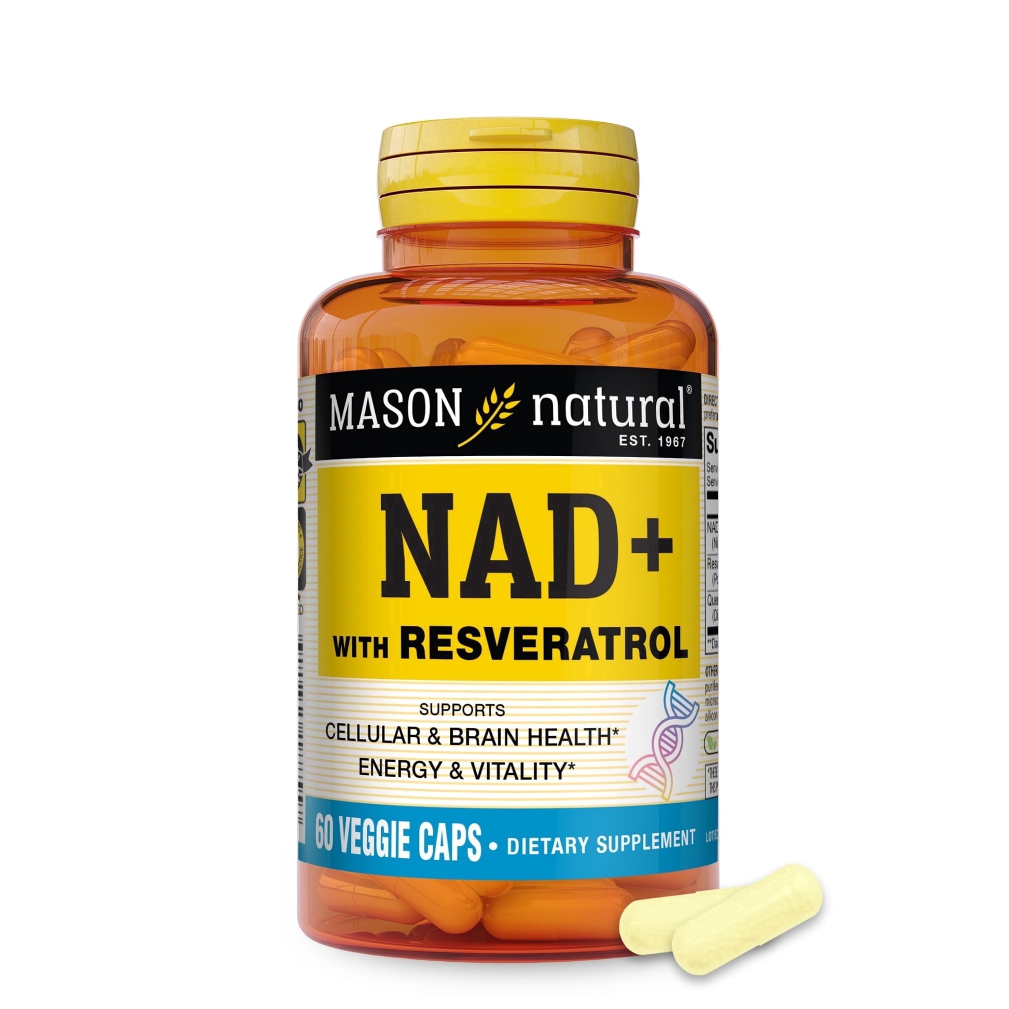 Mason Natural NAD+ with Resveratrol & Quercetin, 600 mg NAD+ Formula, Cellular Energy & Antioxidant Support, Brain Health & Vitality, Suitable for Vegetarians, 60 Capsules