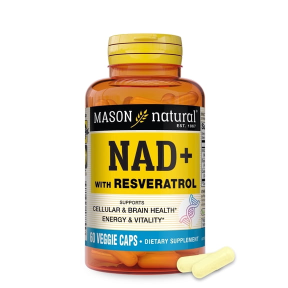 Mason Natural NAD+ with Resveratrol & Quercetin, 600 mg NAD+ Formula, Cellular Energy & Antioxidant Support, Brain Health & Vitality, Suitable for Vegetarians, 60 Capsules