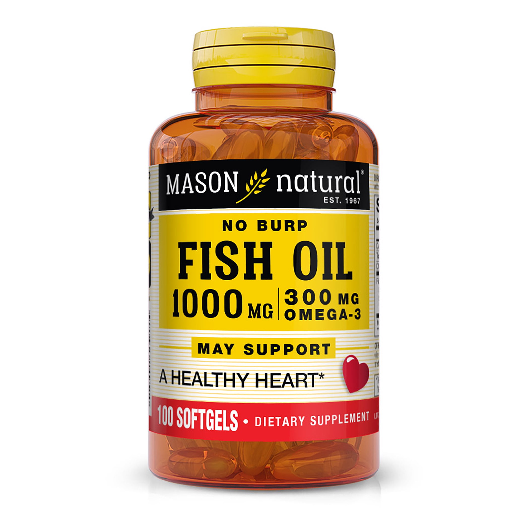 Mason Natural No Burp Fish Oil 1000 mg Omega3 300 mg, 100 Softgels
