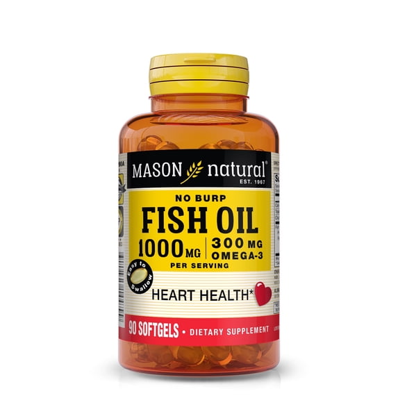 Mason Natural No-Burp Fish Oil 1000 mg, 300 mg Omega-3 with EPA and DHA for Joint Support, 90 Softgels