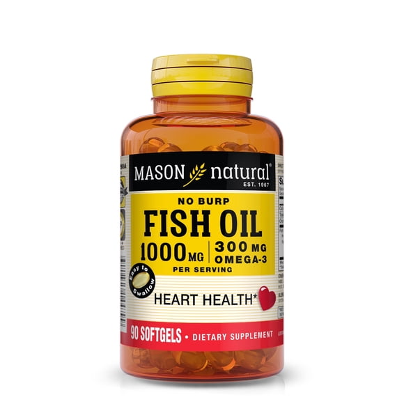 Mason Natural No-Burp Fish Oil 1000 mg, 300 mg Omega-3 with EPA and DHA for Joint Support, 90 Softgels
