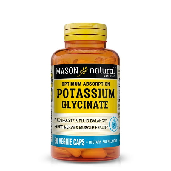 Mason Natural Optimum Absorption Potassium Glycinate Electrolyte, Fluid, Heart, Nerve & Muscle Health, 90 Capsules