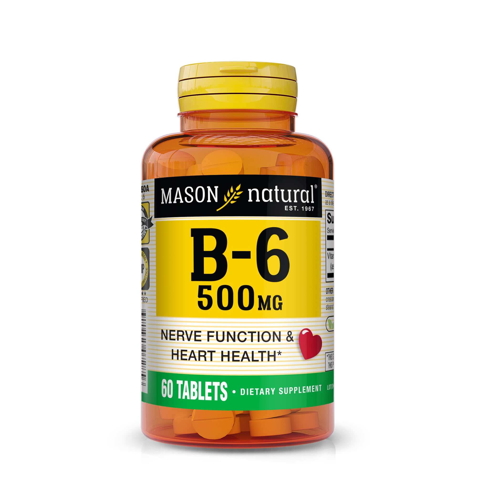 Mason Natural Vitamin B6 500 mg - Supports Muscle and Nerve Function, 60 Tablets