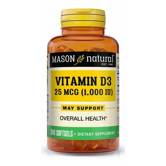 Mason Natural Vitamin D3 25 mcg (1000 IU) - Supports Overall Health, Strengthens Bones and Muscles, from Fish Liver Oil, 300 Softgels