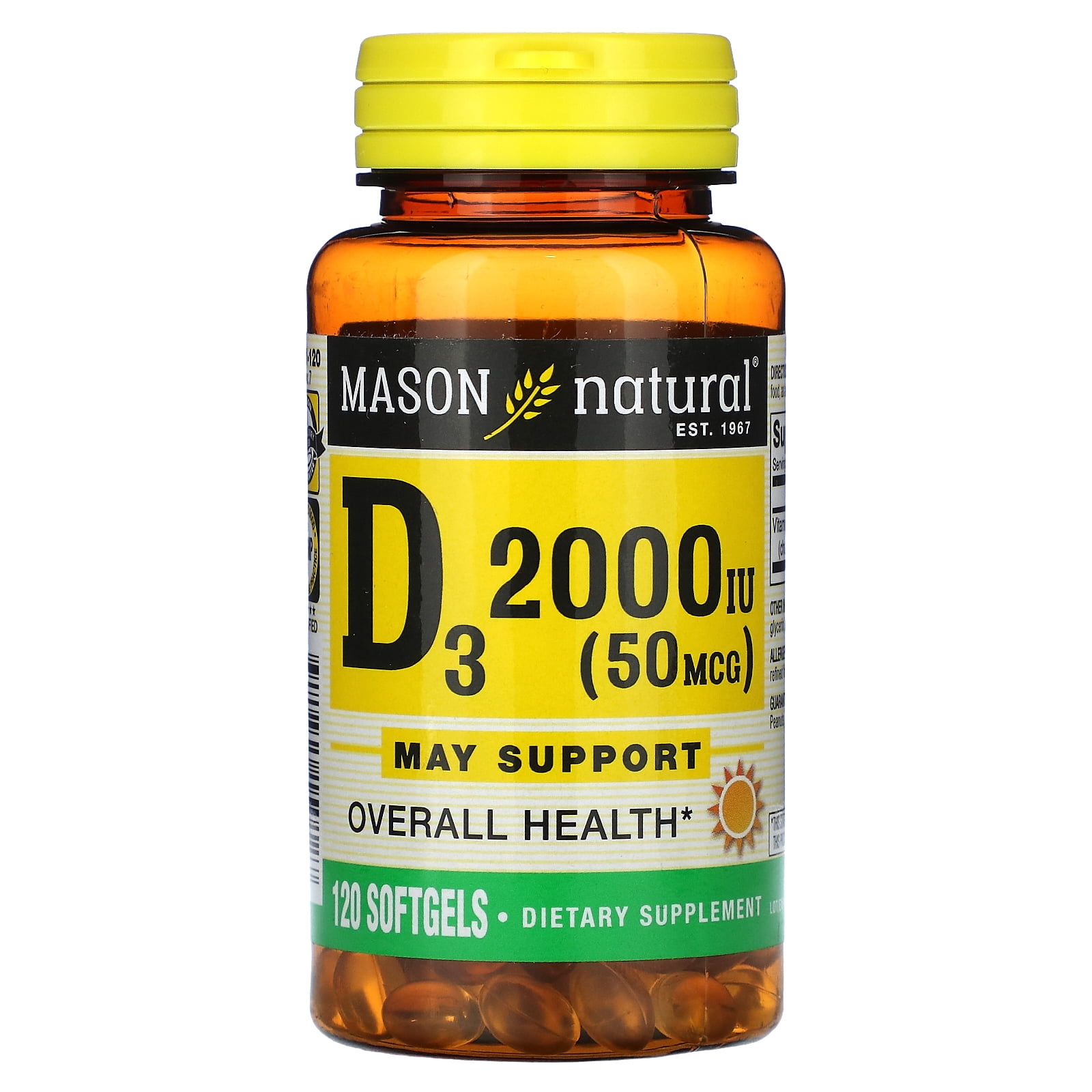 Mason Natural Vitamin D3 50 mcg (2000 IU) - Supports Overall Health, Strengthens Bones and Muscles, from Fish Liver Oil, 120 Softgels