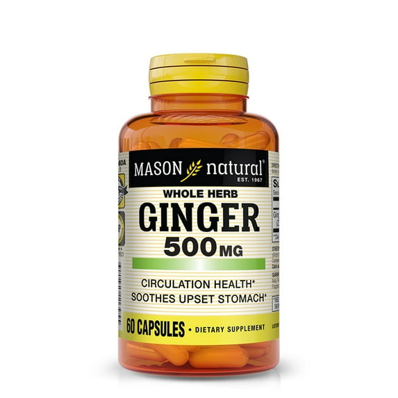Mason Natural Whole Herb Ginger 500 mg, Natural Herbal Supplement, 60 Capsules