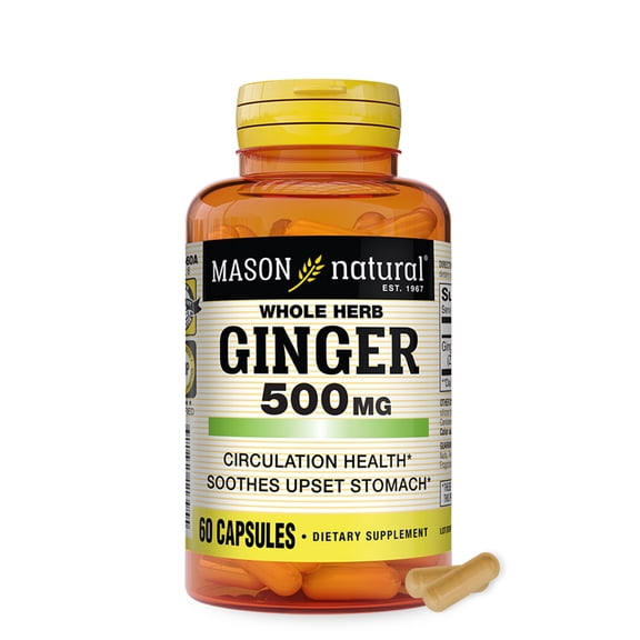 Mason Natural Whole Herb Ginger 500 mg, Natural Herbal Supplement, 60 Capsules
