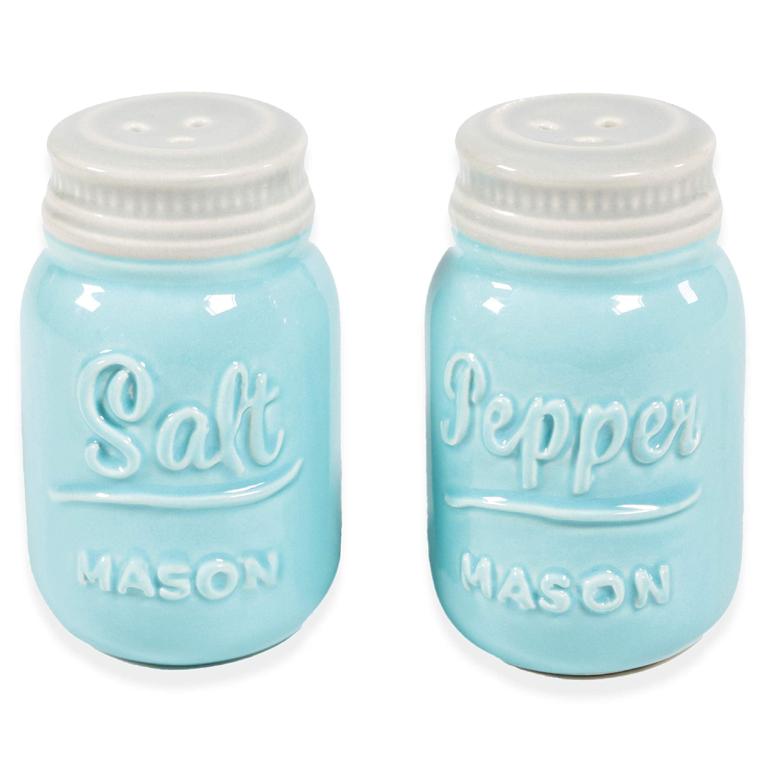 Aqua Blue Ceramic Mason Jar Salt and Pepper Shakers