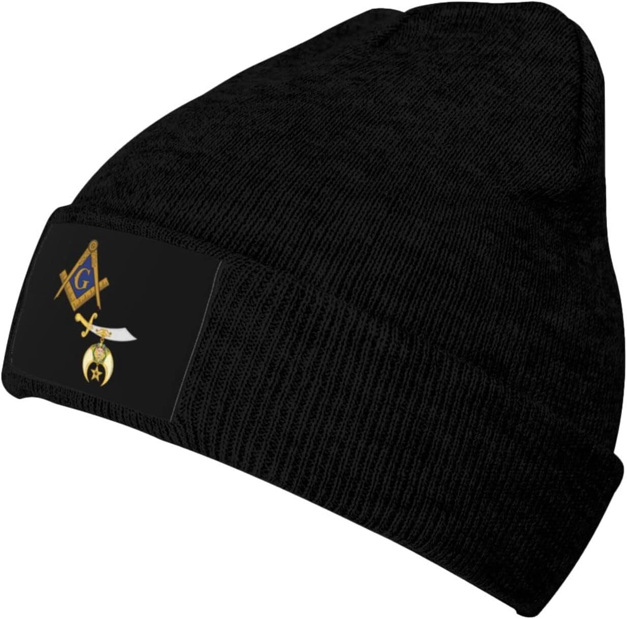 Black Masonic Winter Beanie - Warm Knit Ski Cap With Gold Embroidered Square & Compass, Freemason Gift, OSFM