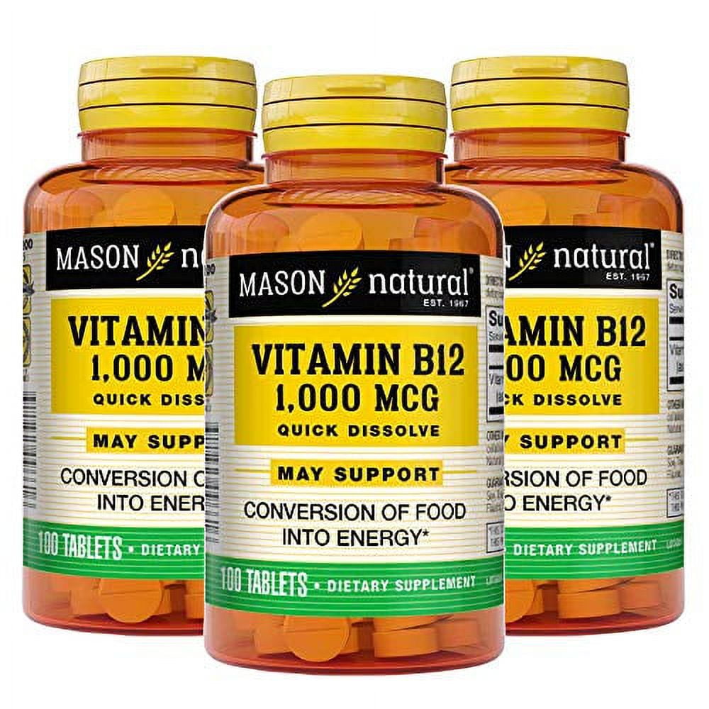Mason Vitamins B12 1000Mcg Sublingual Cyanocobalamin Tablets, 100Count Bottles (Pack of 3