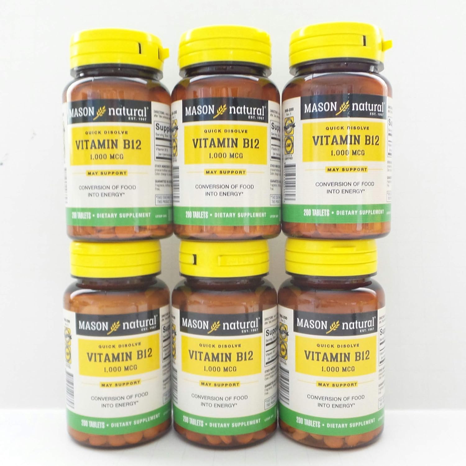 Mason Vitamins B12 1000Mcg Sublingual Cyanocobalamin Tablets, 200Count Bottles Pack of 6
