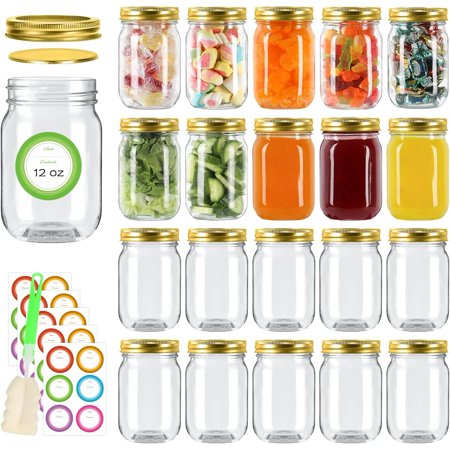 Mason jars with lids and bands, regular mouth glass jars with labels and brushes for storing, canning and preserving, dishwasher and microwave safe