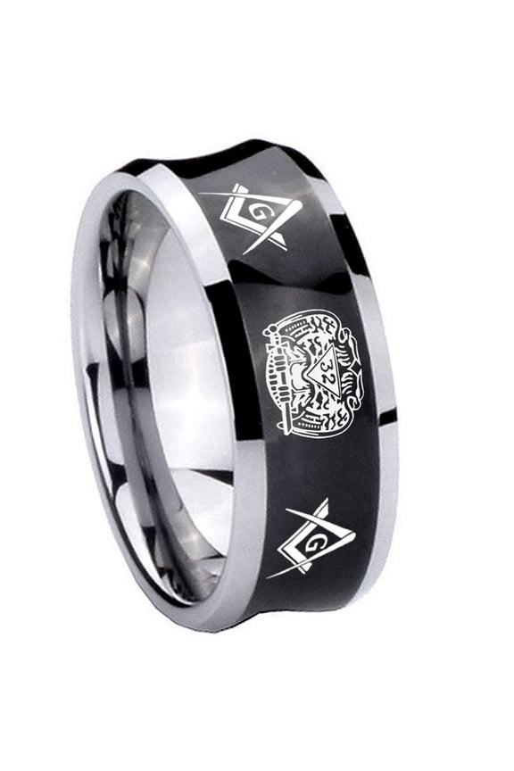 Masonic 32 Design Concave Black Tungsten Men Ring 10MM