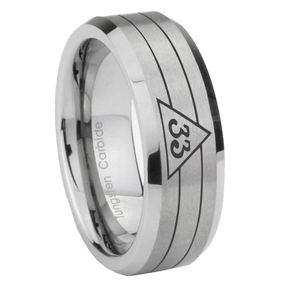 Masonic 32 Duo Line Freemason Beveled Edge Gray Tungsten Ring 10MM