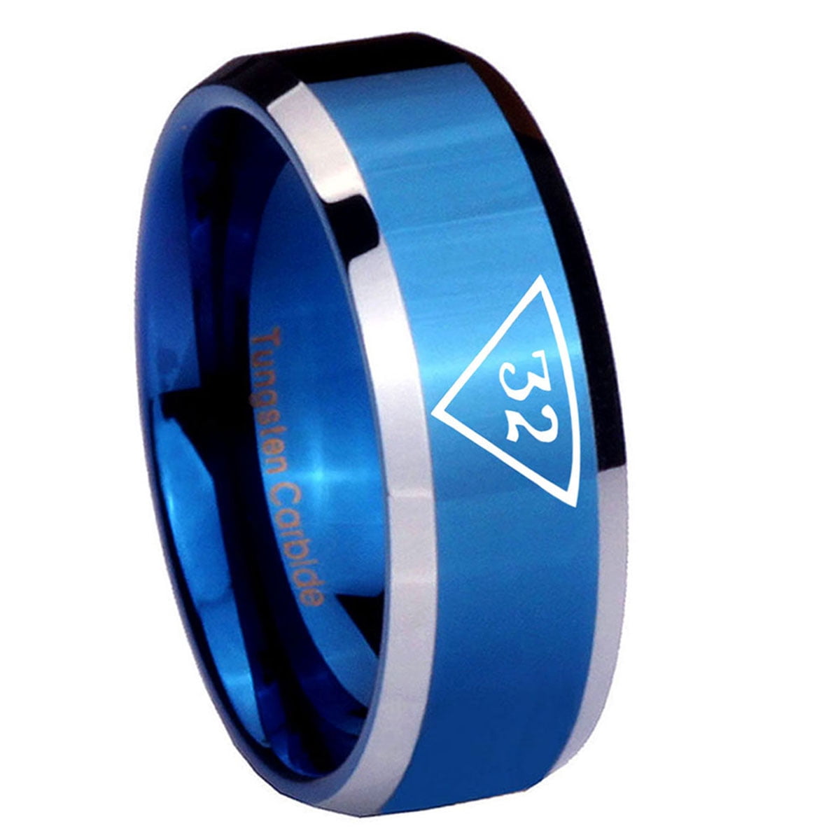 Masonic 32 Triangle Freemason 8MM Beveled Edge Blue Tungsten Men Ring ...