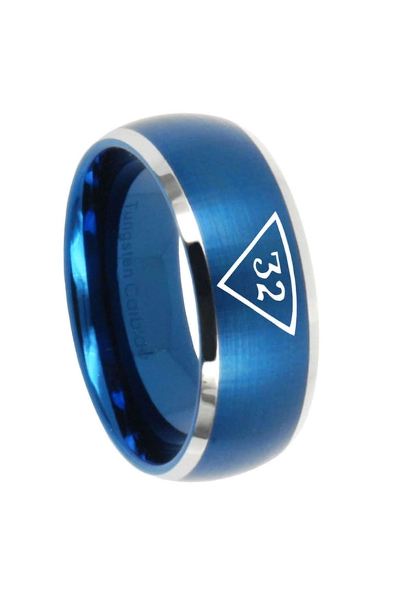 Masonic 32 Triangle Freemason Dome Brushed Blue Tungsten Ring 10MM