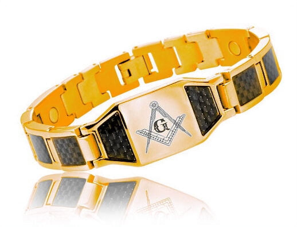 MASON ZONE Masonic Bracelet Gold Plated Steel w/ Black Carbon Fiber Freemason Link Bracelet