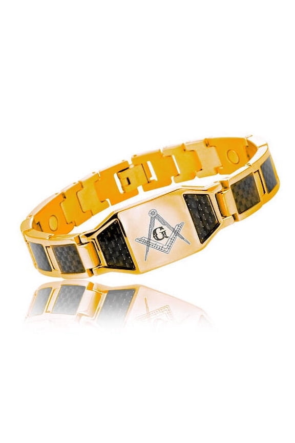 Masonic Bracelet Gold Plated Steel w/ Black Carbon Fiber Freemason Link Bracelet