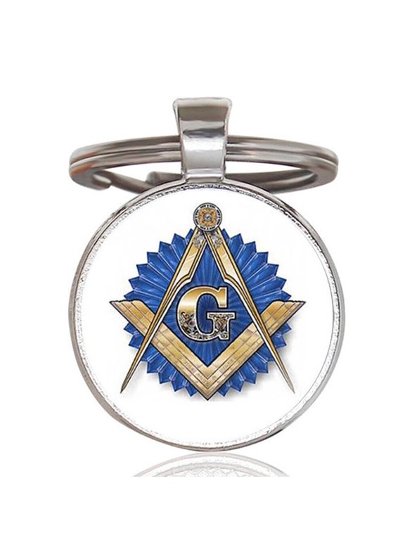 Masonic Keychain - White with Gold and Blue Compass and Square. Freemason Gifts