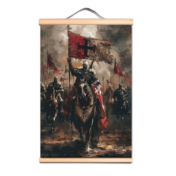 Masonic Knights Templar Scroll Painting Wall Hhanging Banner Vintage Solid Wood Axis Decorative Mural Home Decor Crusader Warrior Wall Art Poster 3,Multicolor,11.8X17.7 inches