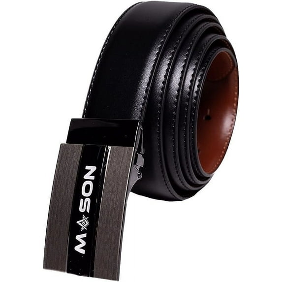 Masonic Men’s Belt - Leather Reversible Belt with Black & Tan Color Options - 2 Buckles for Every Occasion (Freemasonry Symbol & Mason Lettering) - Waist Size 42” & Under - Casual/Formal Men’s Belt