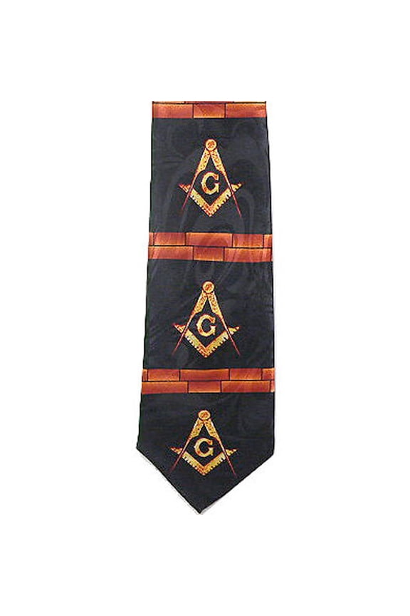 Masonic Neck Tie - Black Background Polyester long tie Bricks Square and Compass