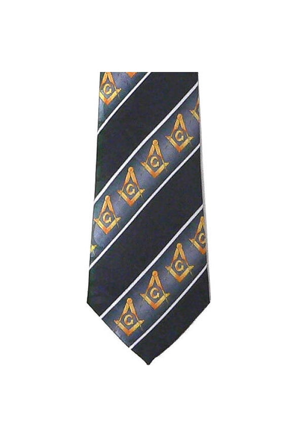 Masonic Neck Tie Black Gold Compass & Square. Polyester White lines Freemasons