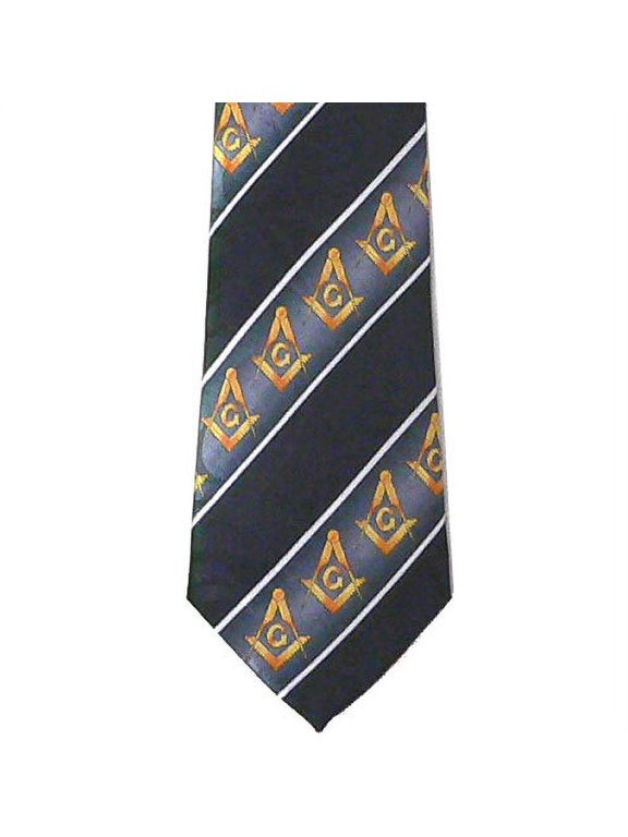 Masonic Neck Tie Black Gold Compass & Square. Polyester White lines Freemasons