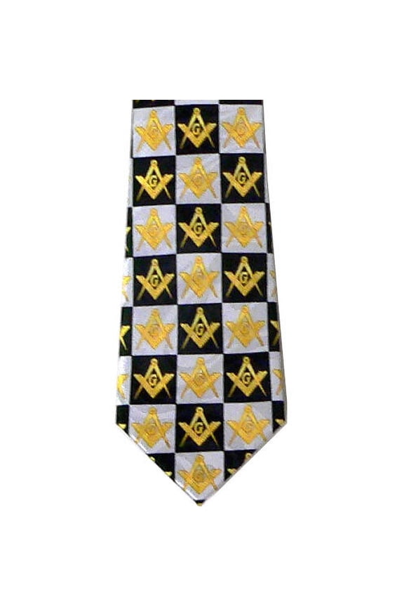 Masonic Neck Tie - Black and White Polyester long tie with Checkerboard design