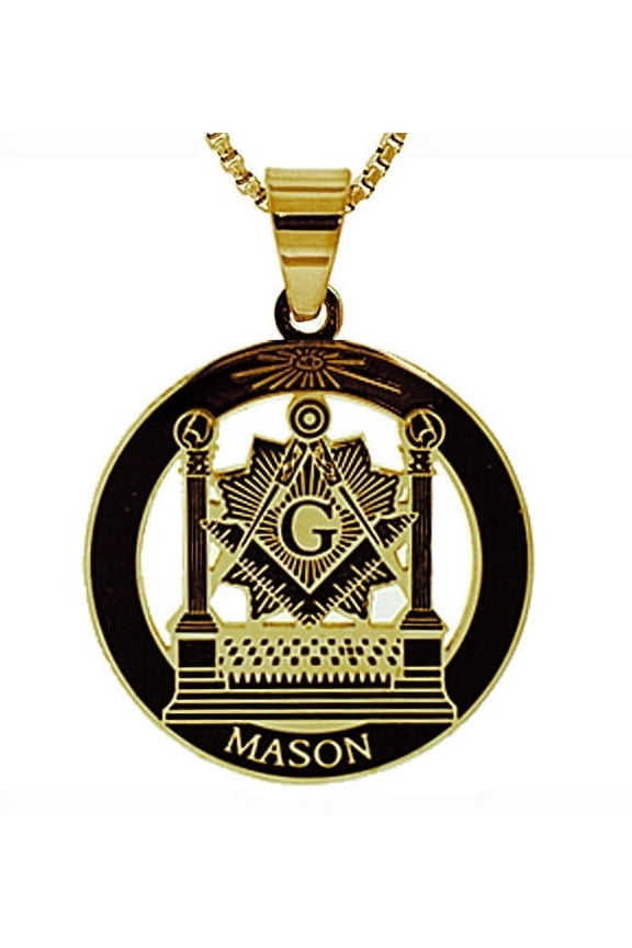 Masonic Pillars Pendant - Gold Tone Steel Freemason Altar Square & Compass